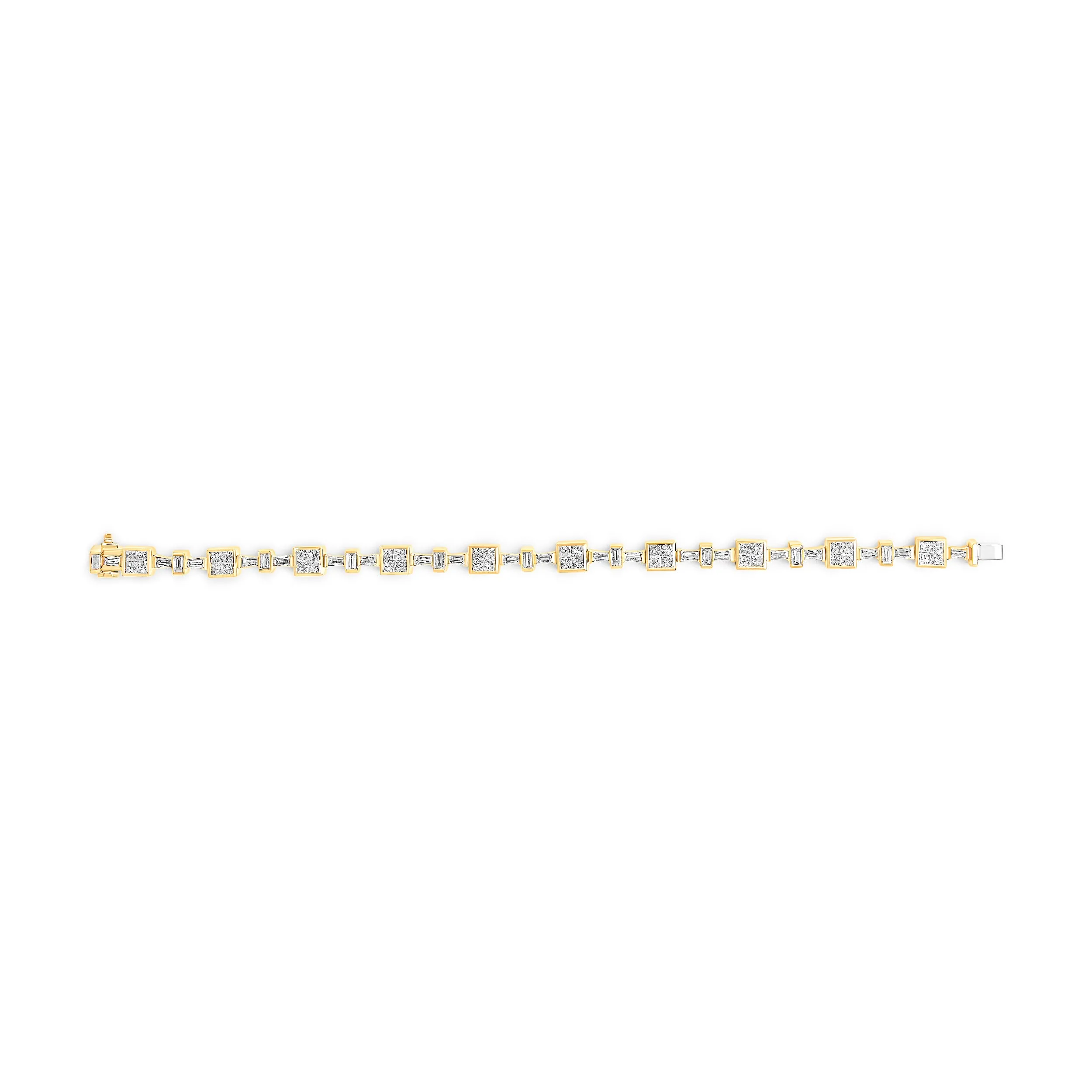 14K Yellow Gold 6 3/4 Cttw Princess and Baguette-Cut Diamond Tennis Bracelet