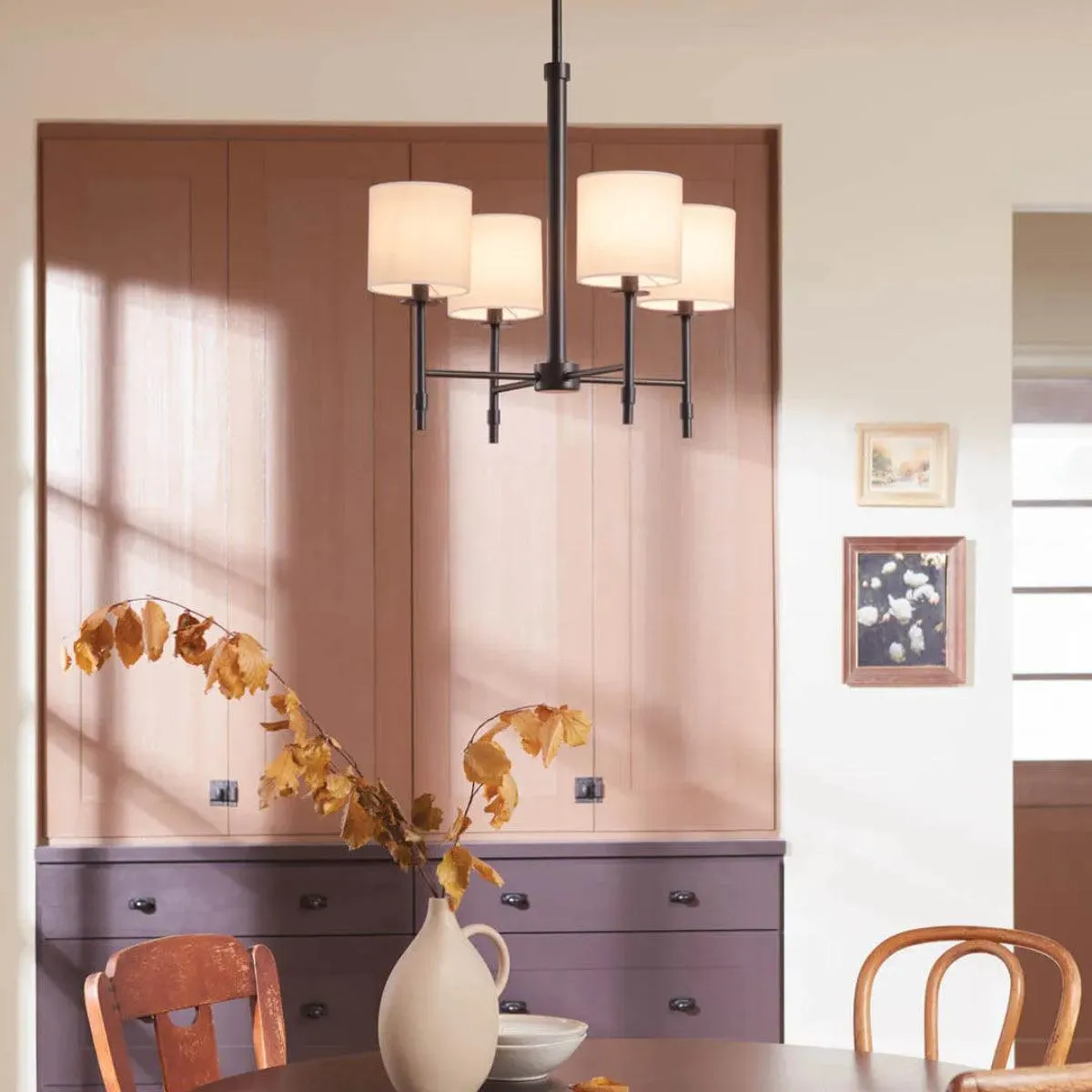 Ali 20" 4-Light Chandelier with Fabric Drum Shade, Black Finish