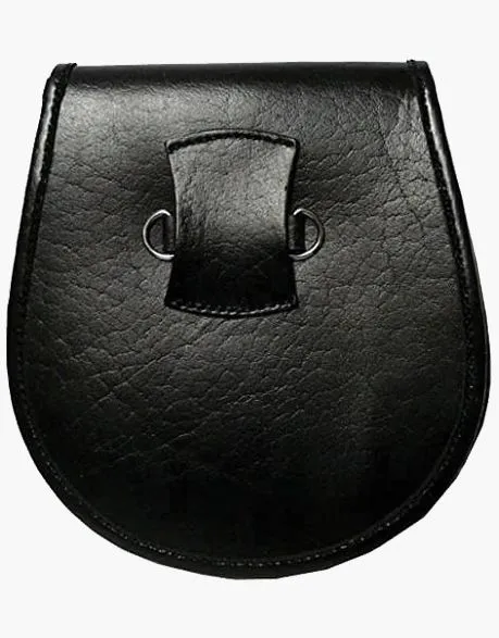 BLACK LEATHER SPORRAN WITH S-CHAIN KILT & BAGPIPE IN CELTIC DESIGN