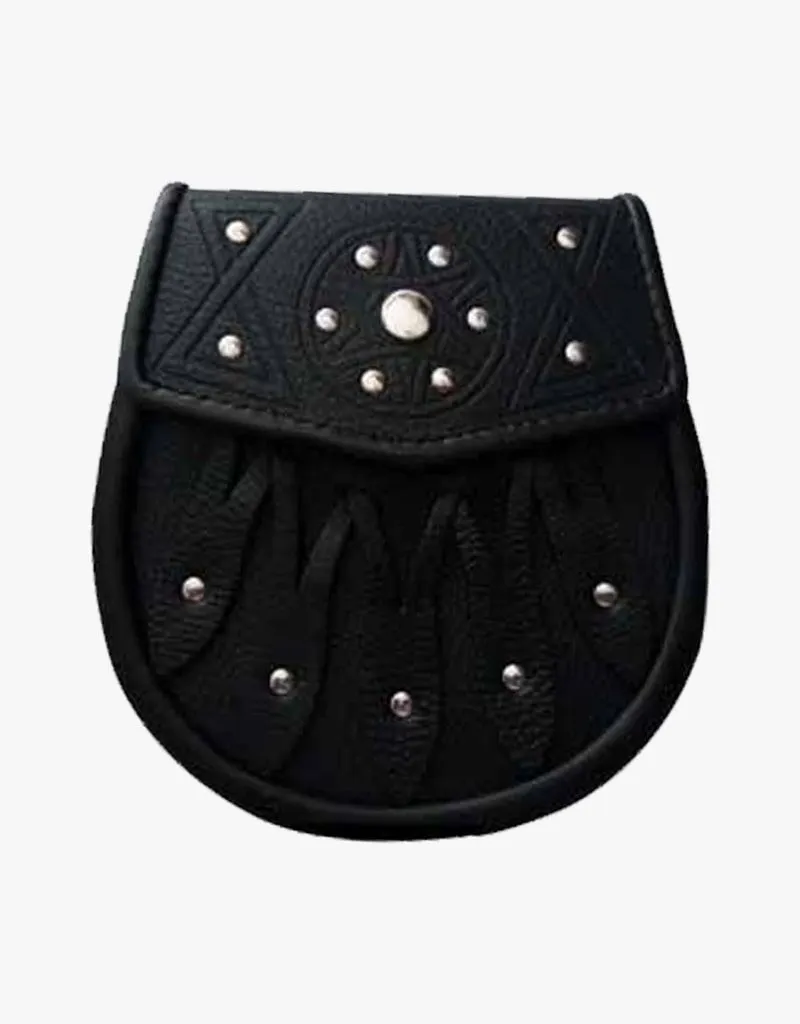 BLACK LEATHER SPORRAN WITH S-CHAIN KILT & BAGPIPE IN CELTIC DESIGN