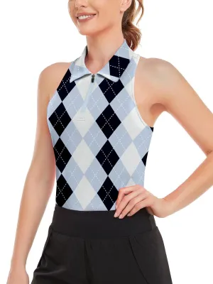 Blue and Black Checkerboard Athletic Polo Shirt For Women