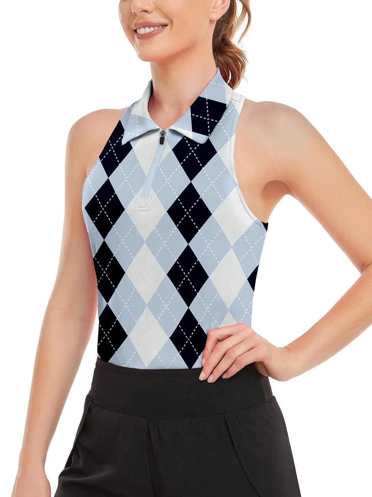Blue and Black Checkerboard Athletic Polo Shirt For Women