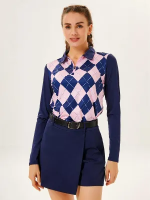 Blue and Pink Checkerboard Lapel Long-sleeve Polo Top for Ladies