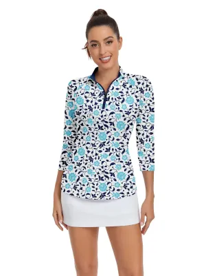 Blue Flower Quarter-zip 3/4 Sleeve Golf Shirt For Women