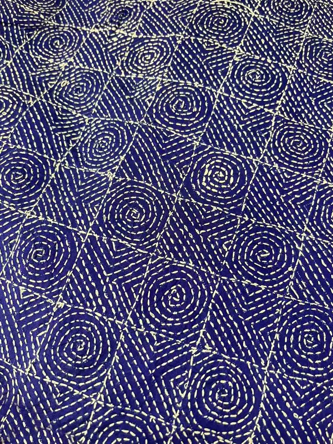 Blue Kantha Hand Embroidered Pure Tussar Silk Fabric ( 1 Mtr )