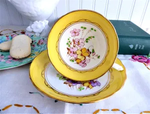 Cheery Yellow Floral Cup And Saucer Tuscan Enamel Accents On Transfer 1920s Bone China
