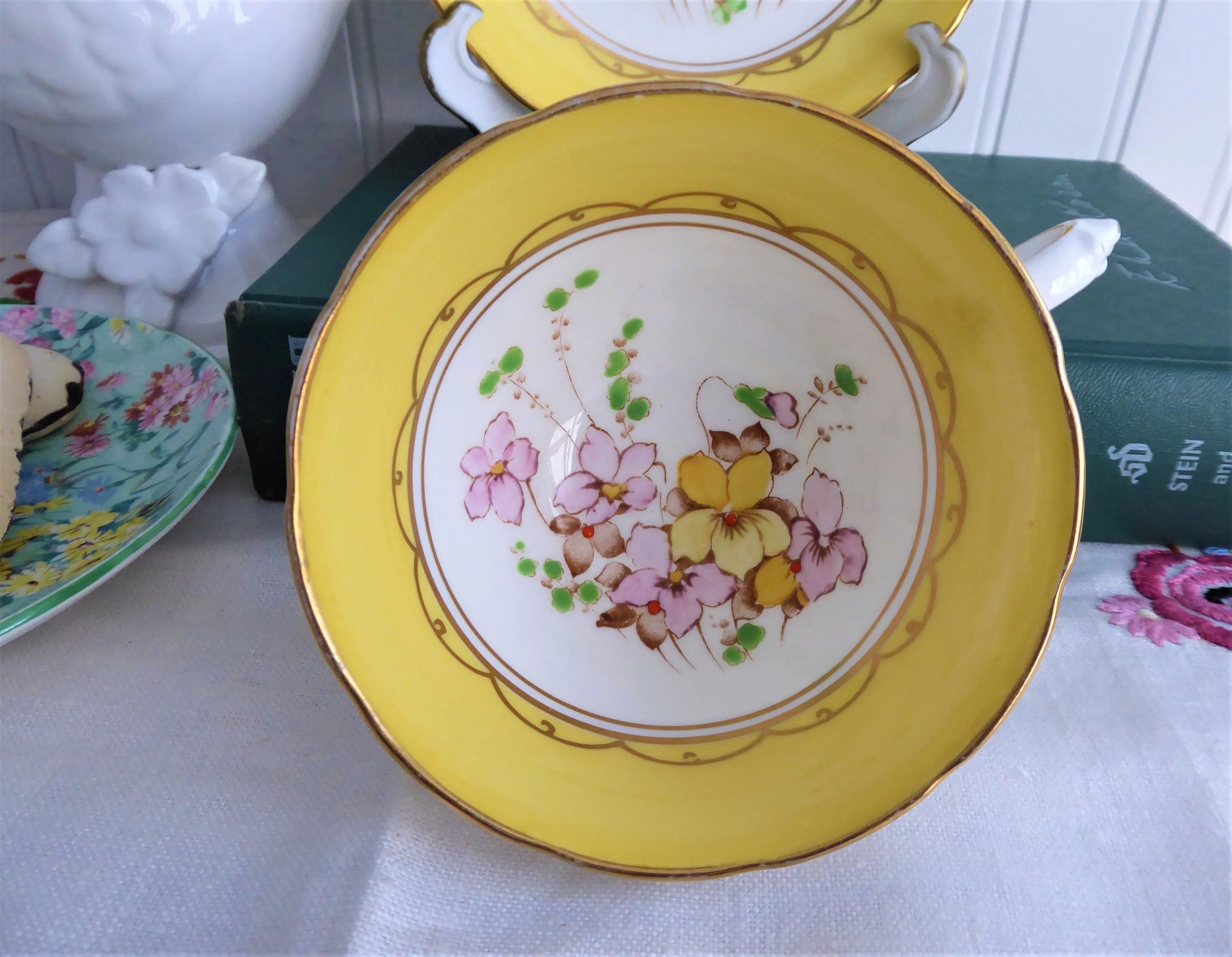 Cheery Yellow Floral Cup And Saucer Tuscan Enamel Accents On Transfer 1920s Bone China