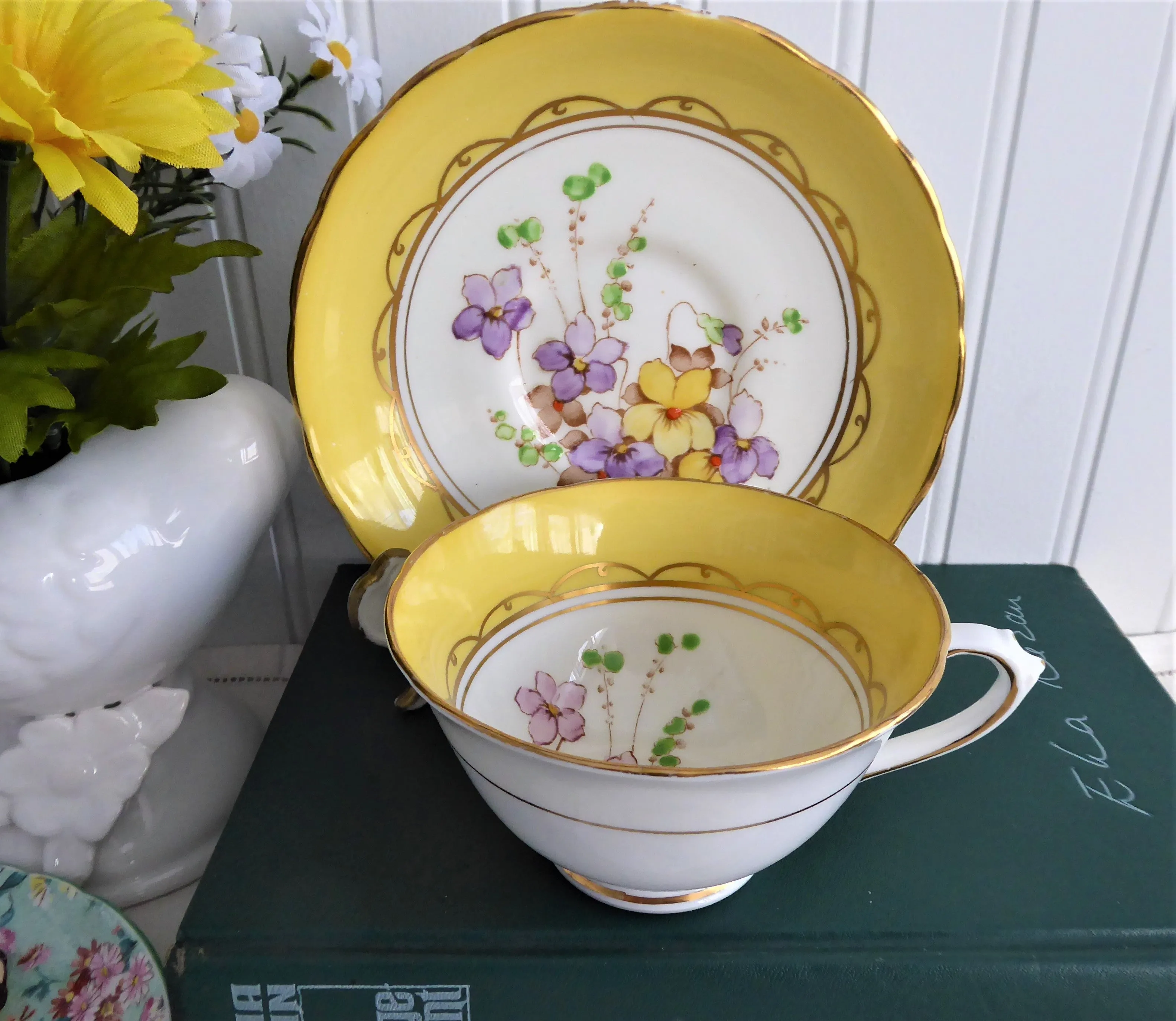 Cheery Yellow Floral Cup And Saucer Tuscan Enamel Accents On Transfer 1920s Bone China