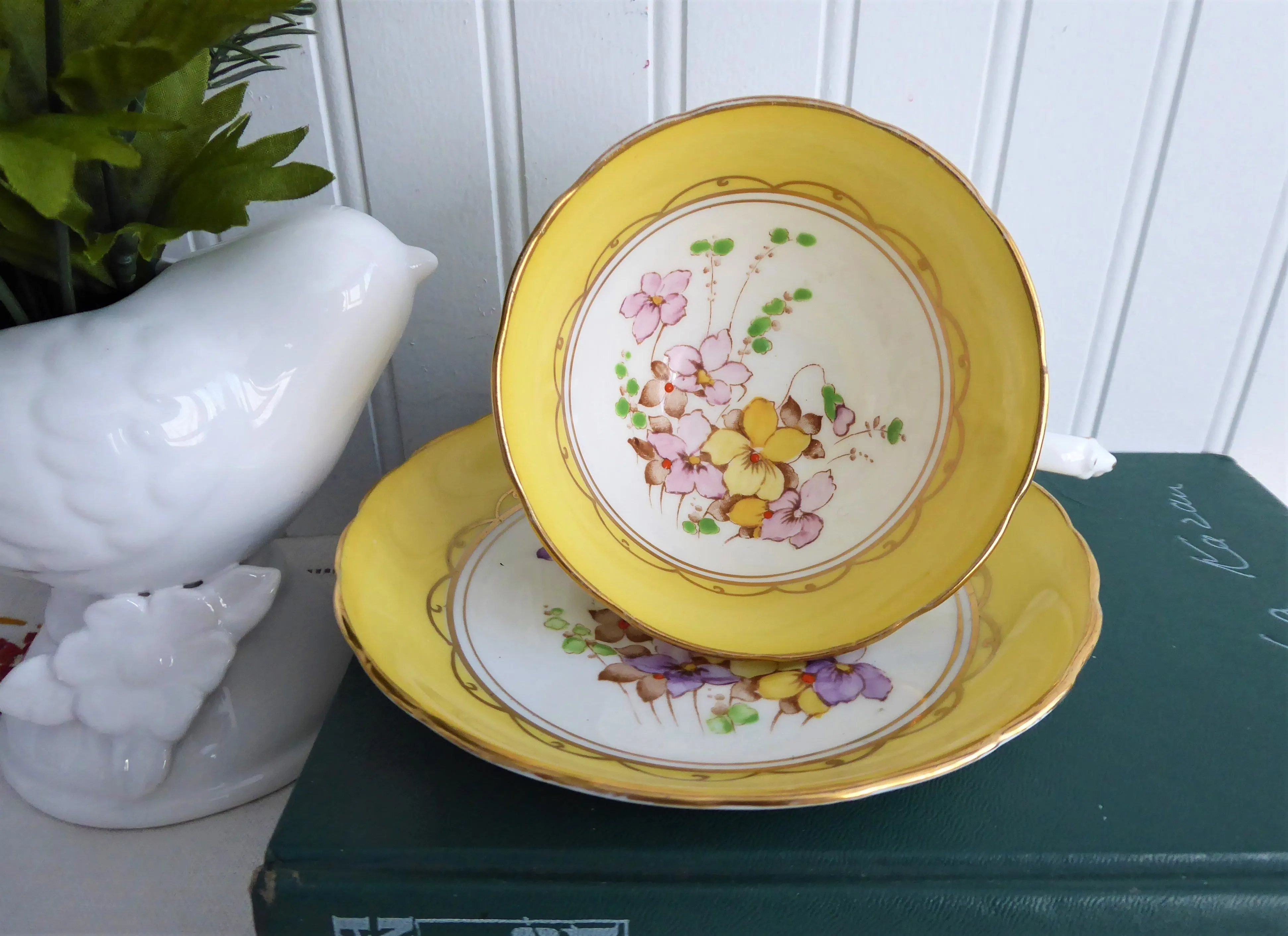 Cheery Yellow Floral Cup And Saucer Tuscan Enamel Accents On Transfer 1920s Bone China