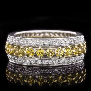 DIAMOND SAPPHIRE 3 ROW ETERNITY BAND WHITE YELLOW 18k GOLD RING DESIGNER WIDE