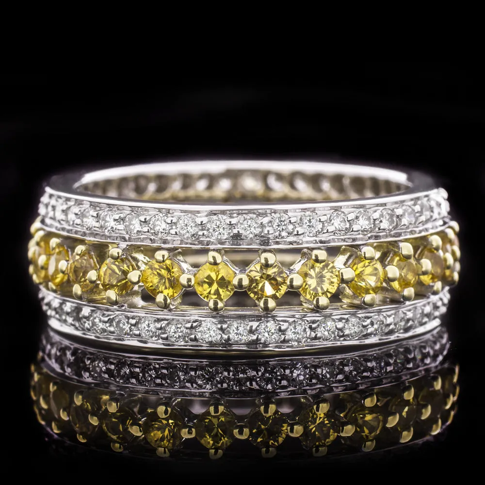 DIAMOND SAPPHIRE 3 ROW ETERNITY BAND WHITE YELLOW 18k GOLD RING DESIGNER WIDE