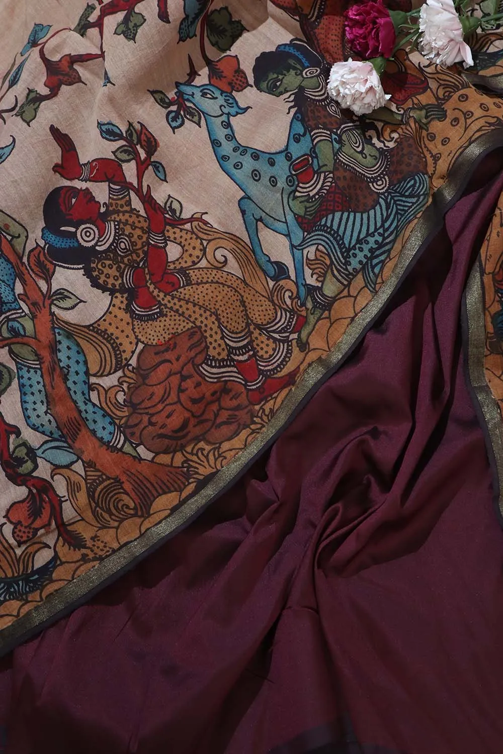 Elegant Wine Plain Silk Suit With Kalamkari Hand Painted Silk Dupatta