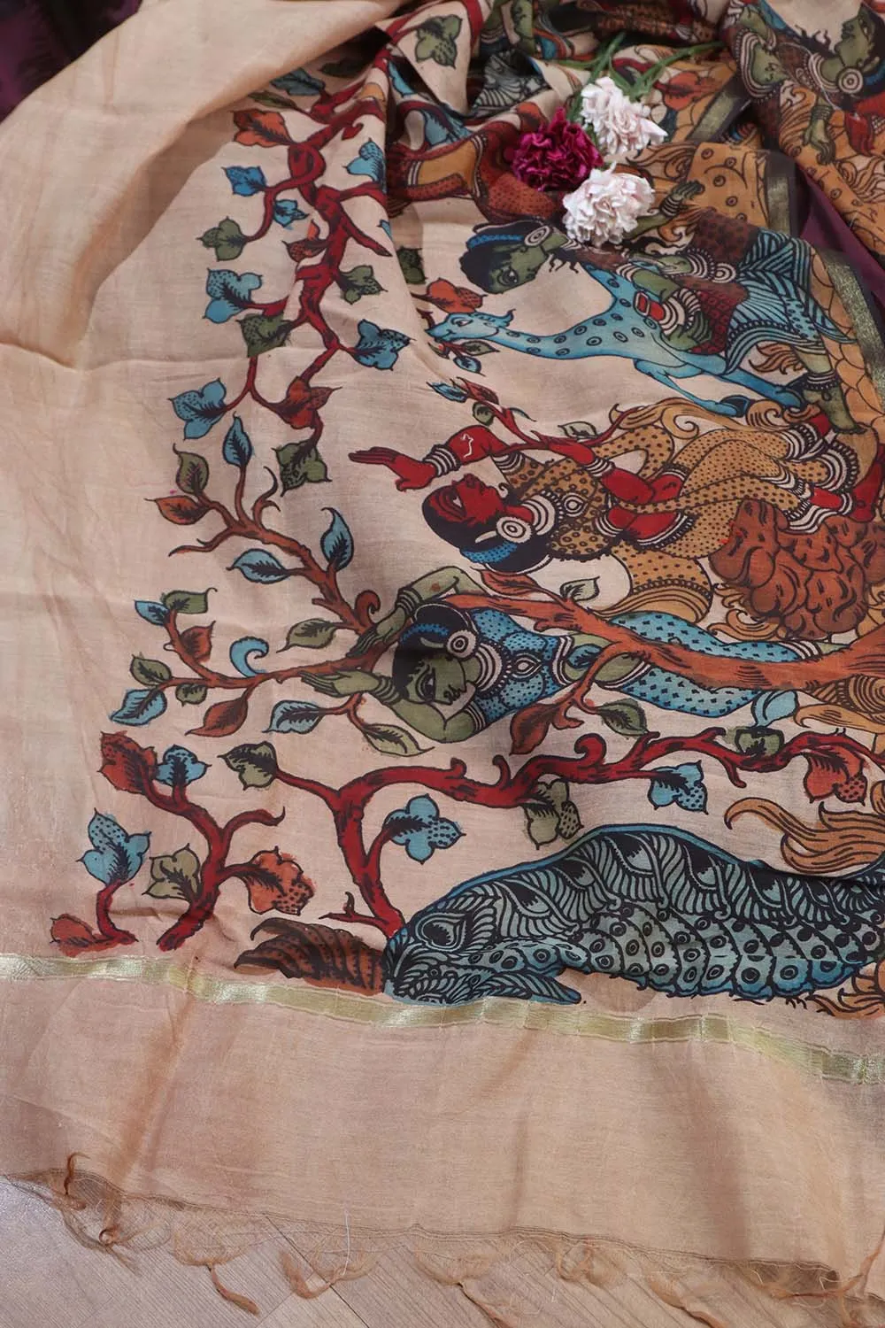 Elegant Wine Plain Silk Suit With Kalamkari Hand Painted Silk Dupatta