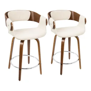Elisa Mid-Century Modern Counter Stool in Walnut and Cream Fabric by LumiSource - Set of 2