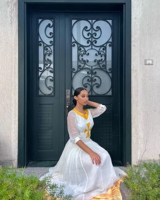 Ethiopian Elegance: A Stunning Tibeb Dress with Intricate Tilf Embroidery and Cross Neckline, Habesha Kemis, Eritrean dress, ሀበሻ