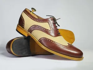 Handmade Beige and Brown Wing Tip Shoes, Men Leather Suede Lace Up Fashion Shoes