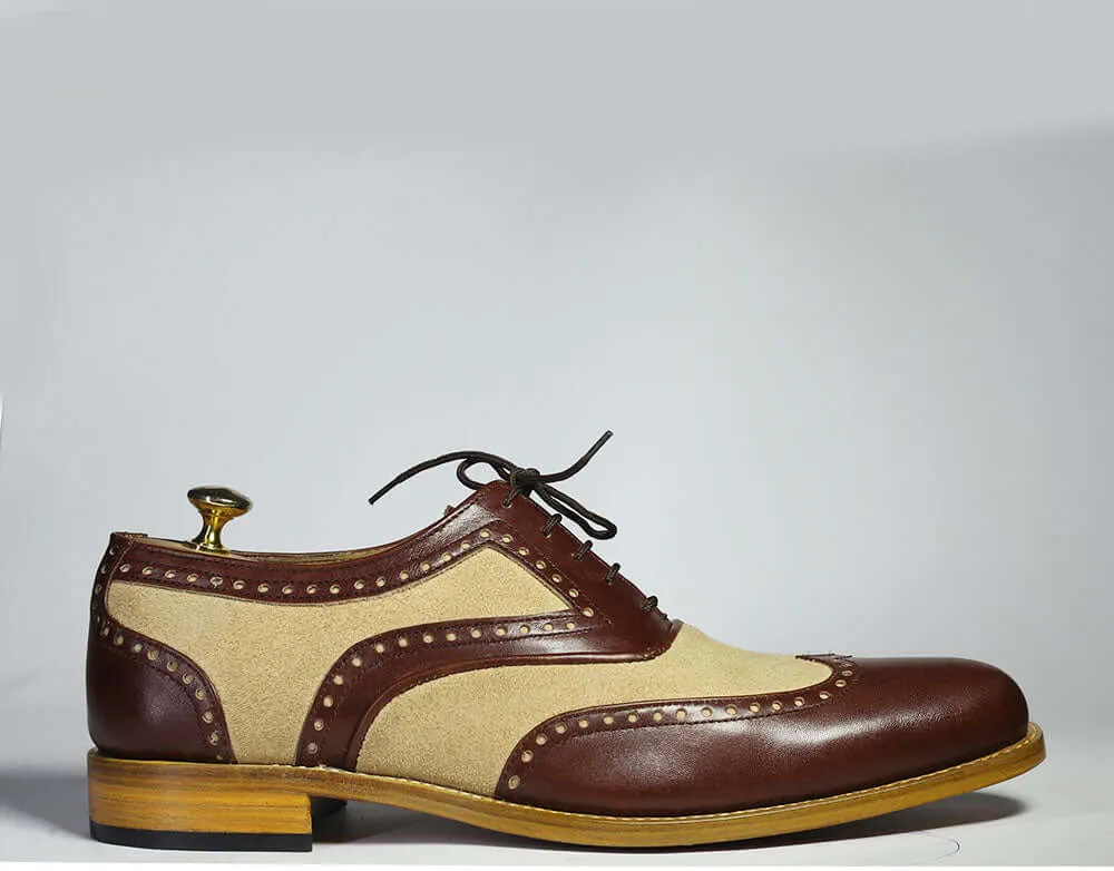 Handmade Beige and Brown Wing Tip Shoes, Men Leather Suede Lace Up Fashion Shoes