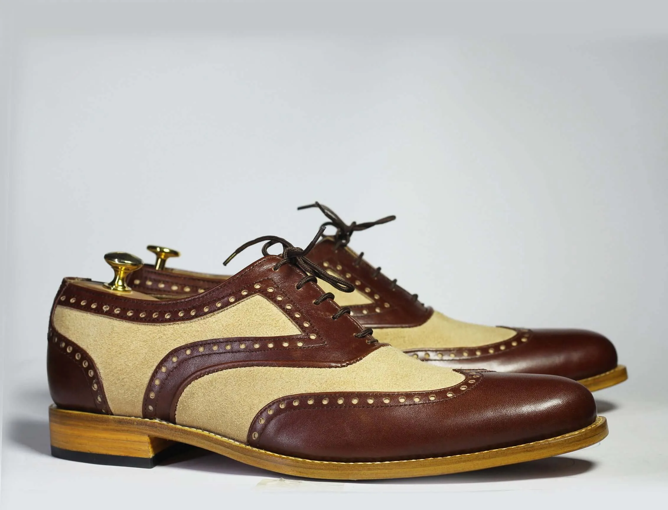 Handmade Beige and Brown Wing Tip Shoes, Men Leather Suede Lace Up Fashion Shoes
