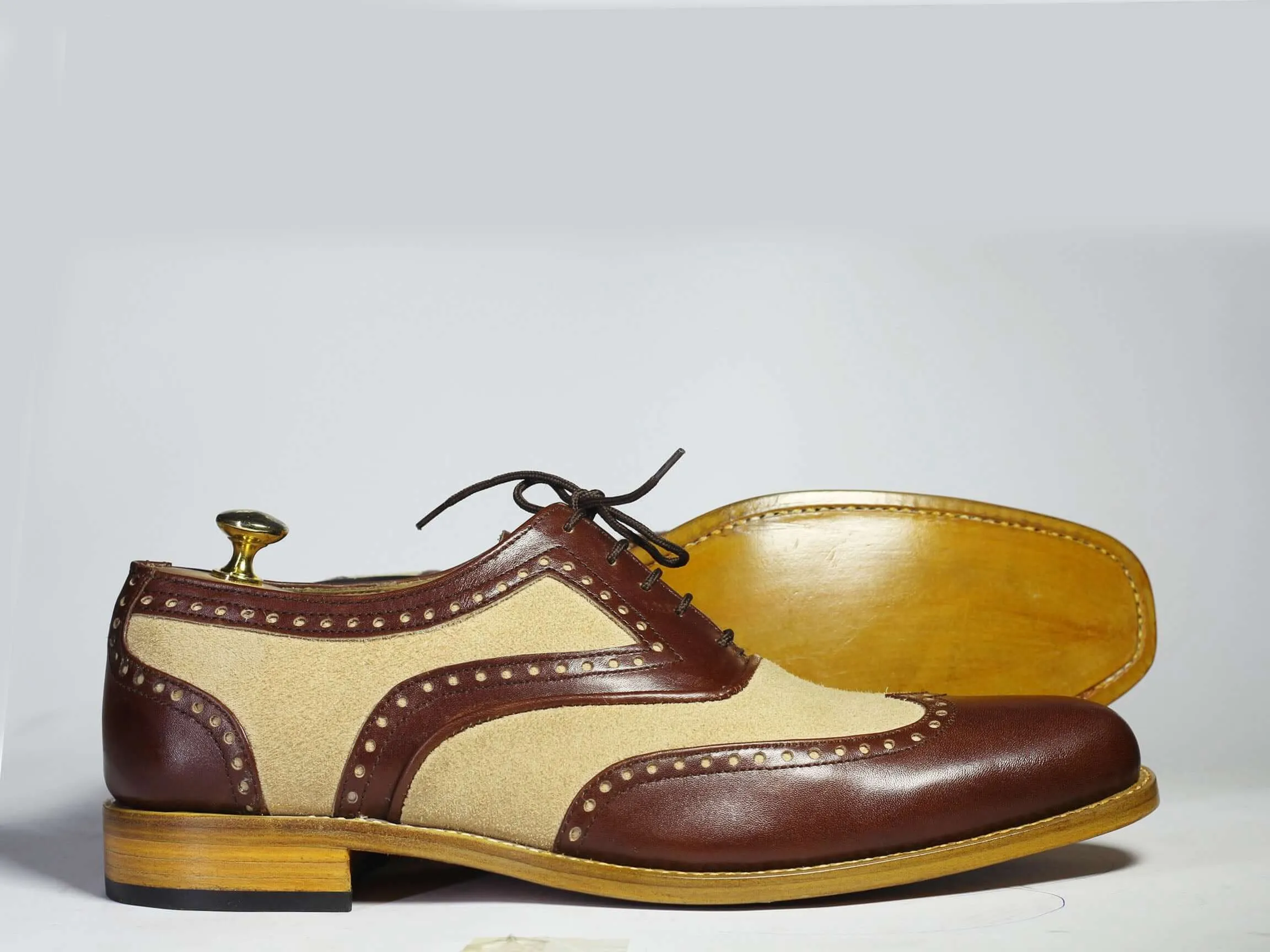 Handmade Beige and Brown Wing Tip Shoes, Men Leather Suede Lace Up Fashion Shoes