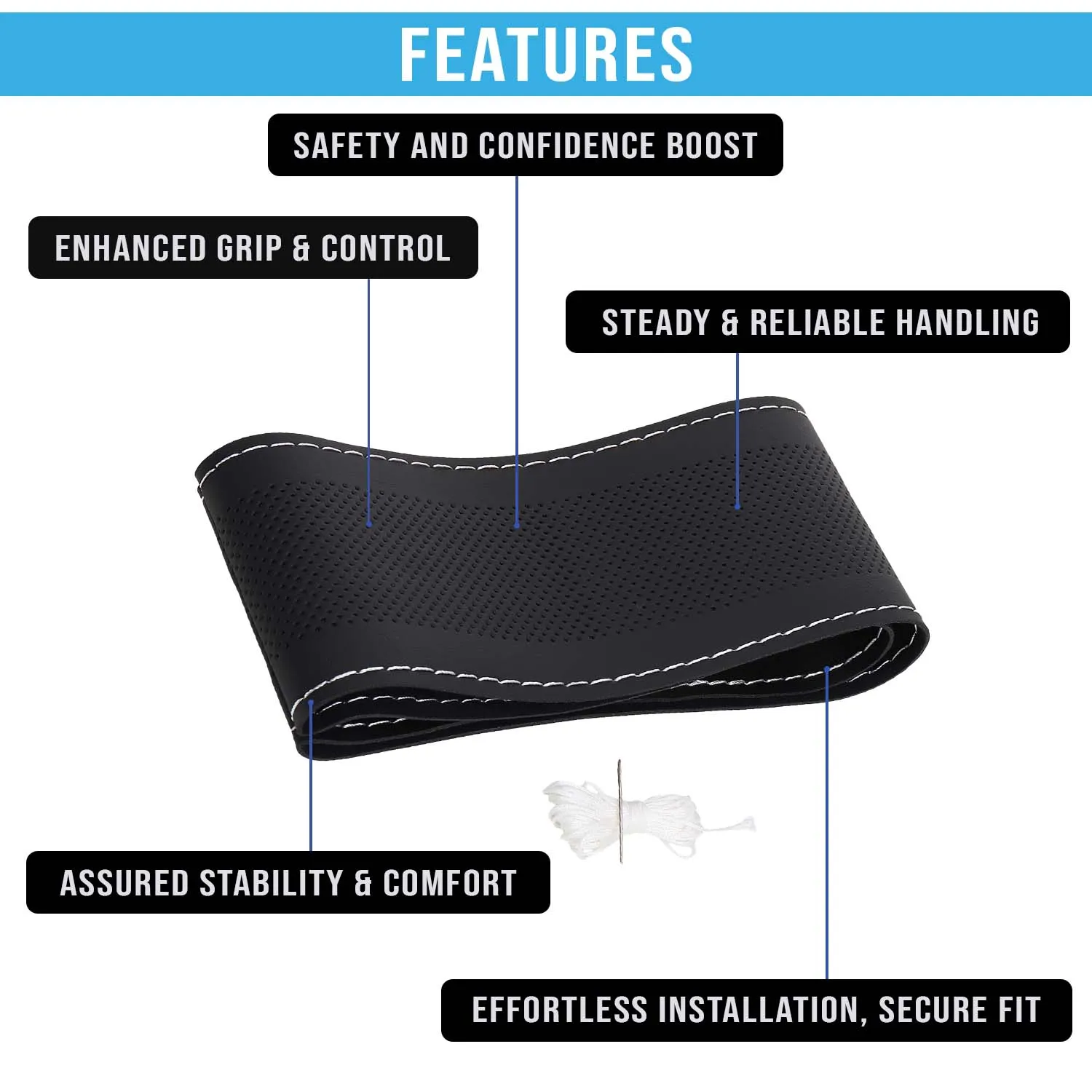 KINGSWAY® Chevrolet Sail UVA Car Steering Wheel Cover PU Leatherite Sewable Compatible with (Year 2012 - 2017), Black Color with Silver Thread, Pack of 1 with Sewing Needle and Thread