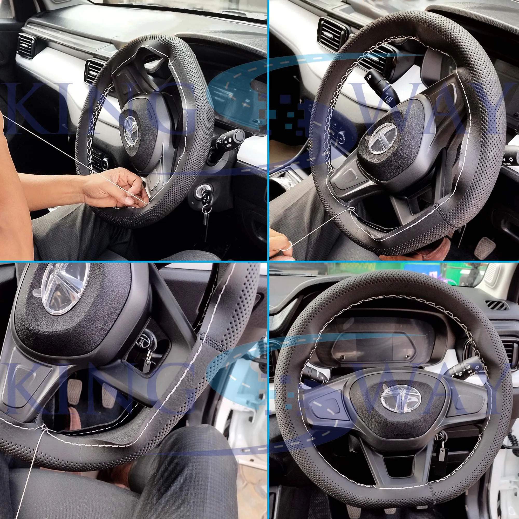 KINGSWAY® Chevrolet Sail UVA Car Steering Wheel Cover PU Leatherite Sewable Compatible with (Year 2012 - 2017), Black Color with Silver Thread, Pack of 1 with Sewing Needle and Thread
