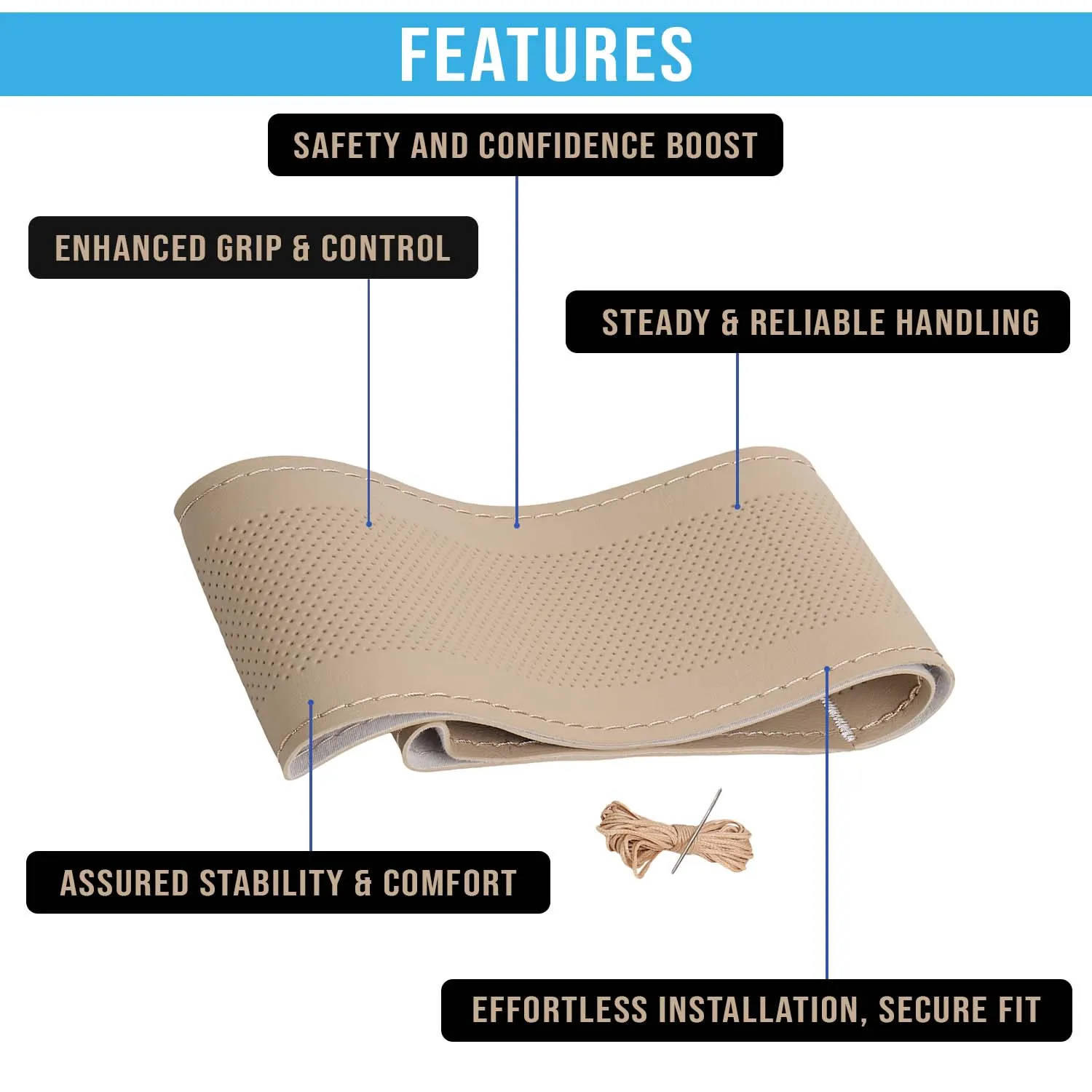 KINGSWAY® Datsun Go Plus Car Steering Wheel Cover PU Leatherite Sewable Compatible with (Year 2014 Onwards), Beige Color with Beige Thread, Pack of 1 with Sewing Needle and Thread