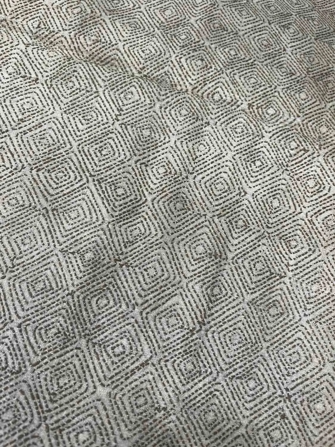 Off White Kantha Hand Embroidered Pure Tussar Silk Fabric ( 1 Mtr )