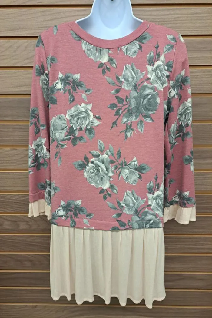 Pink & Gray Floral Tan Chiffon Ruffled Trim