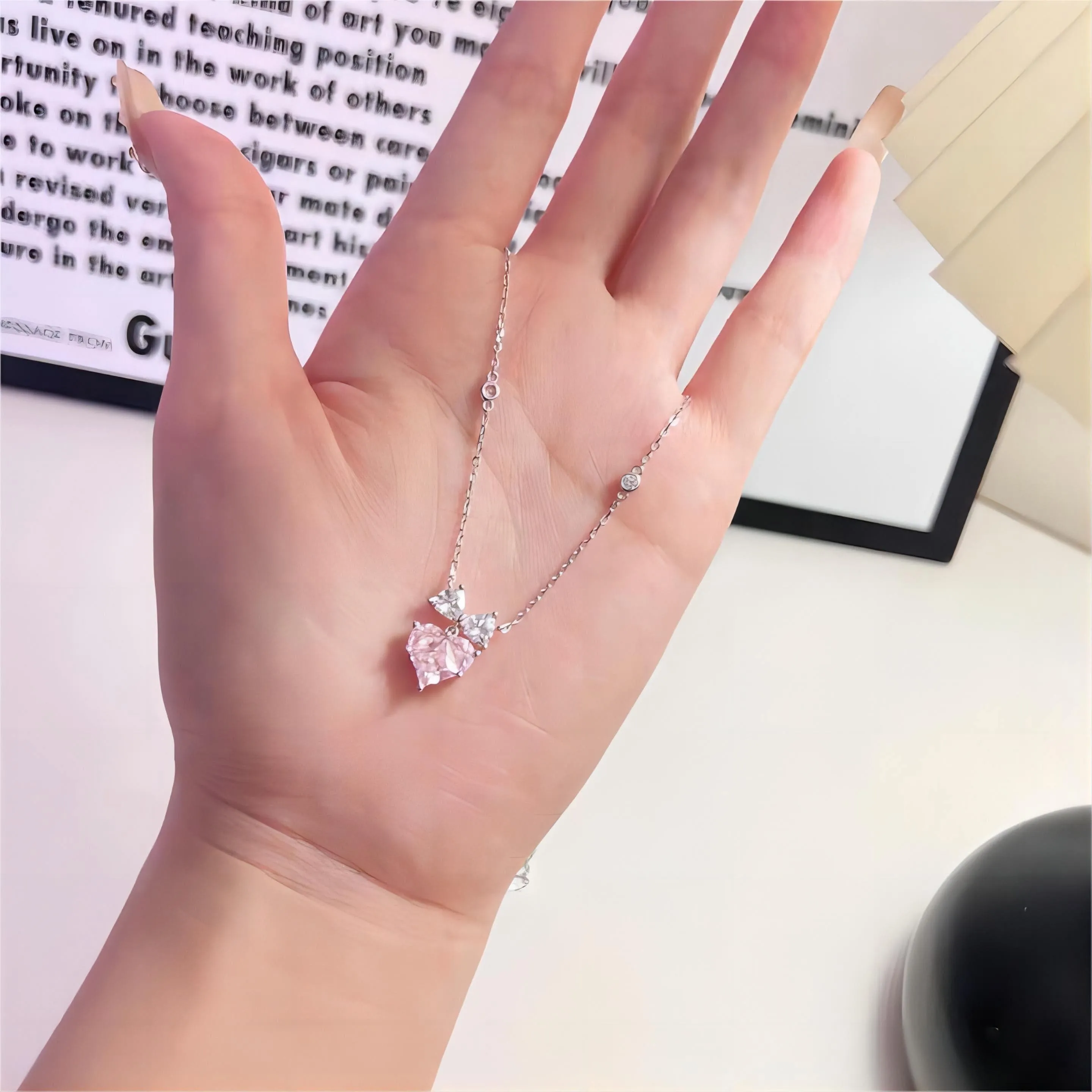 Pink Crystal Bowknot Heart Necklace