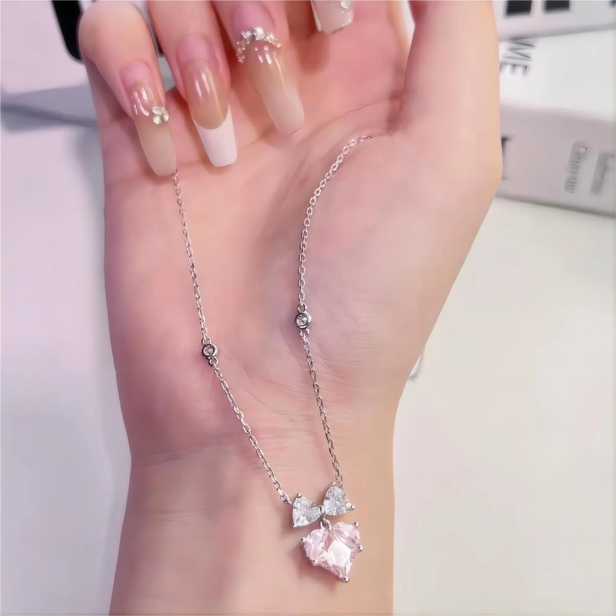 Pink Crystal Bowknot Heart Necklace