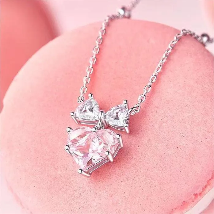 Pink Crystal Bowknot Heart Necklace