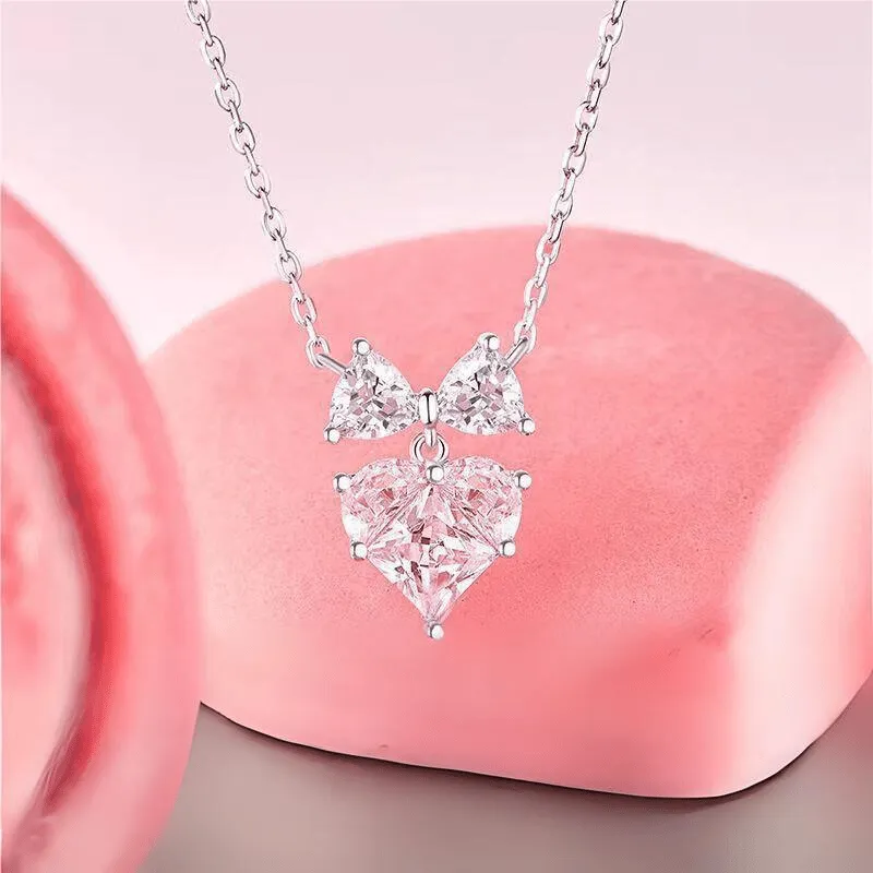 Pink Crystal Bowknot Heart Necklace