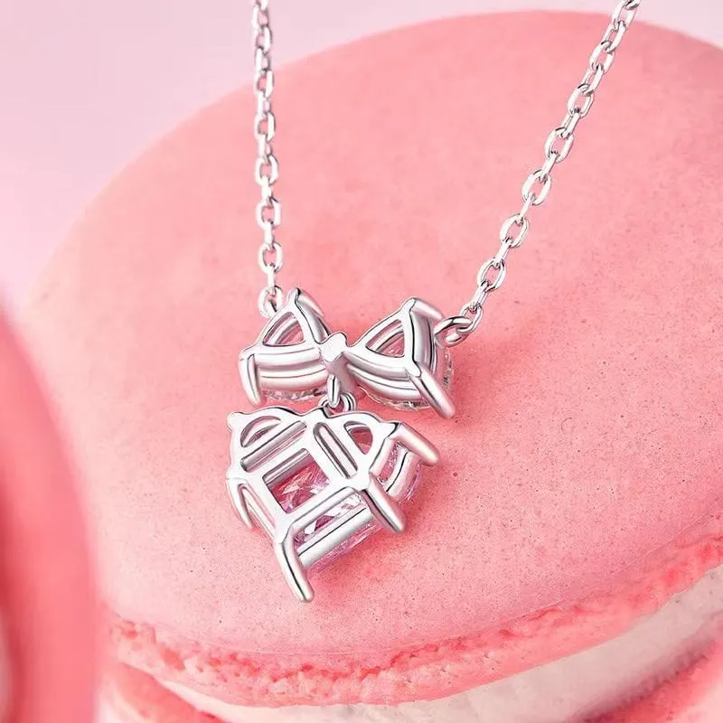 Pink Crystal Bowknot Heart Necklace