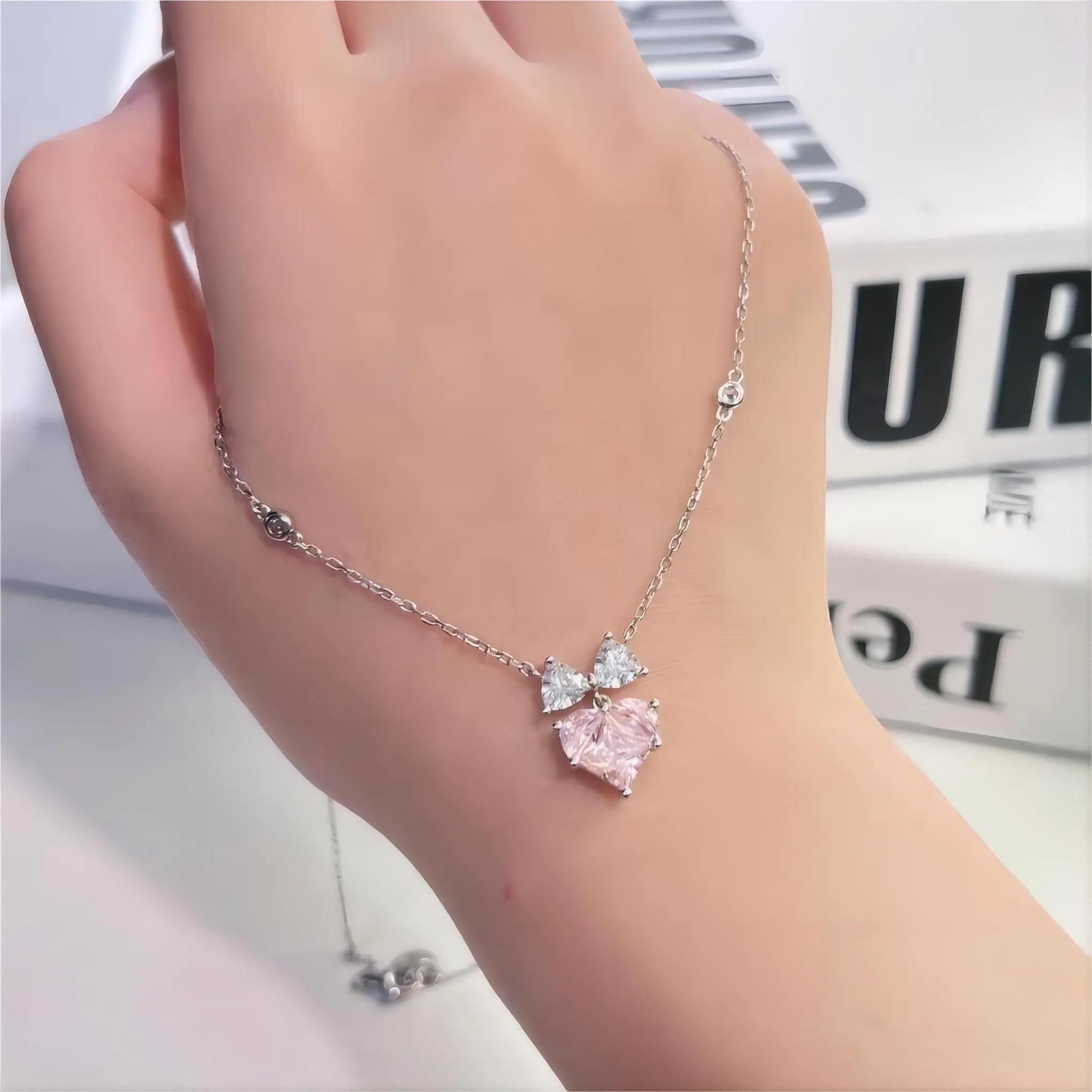 Pink Crystal Bowknot Heart Necklace