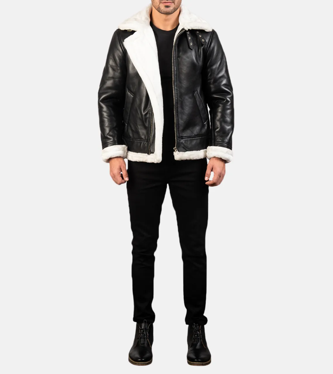 Pyramidal White Shearling Men's Leather Bomber Jacket