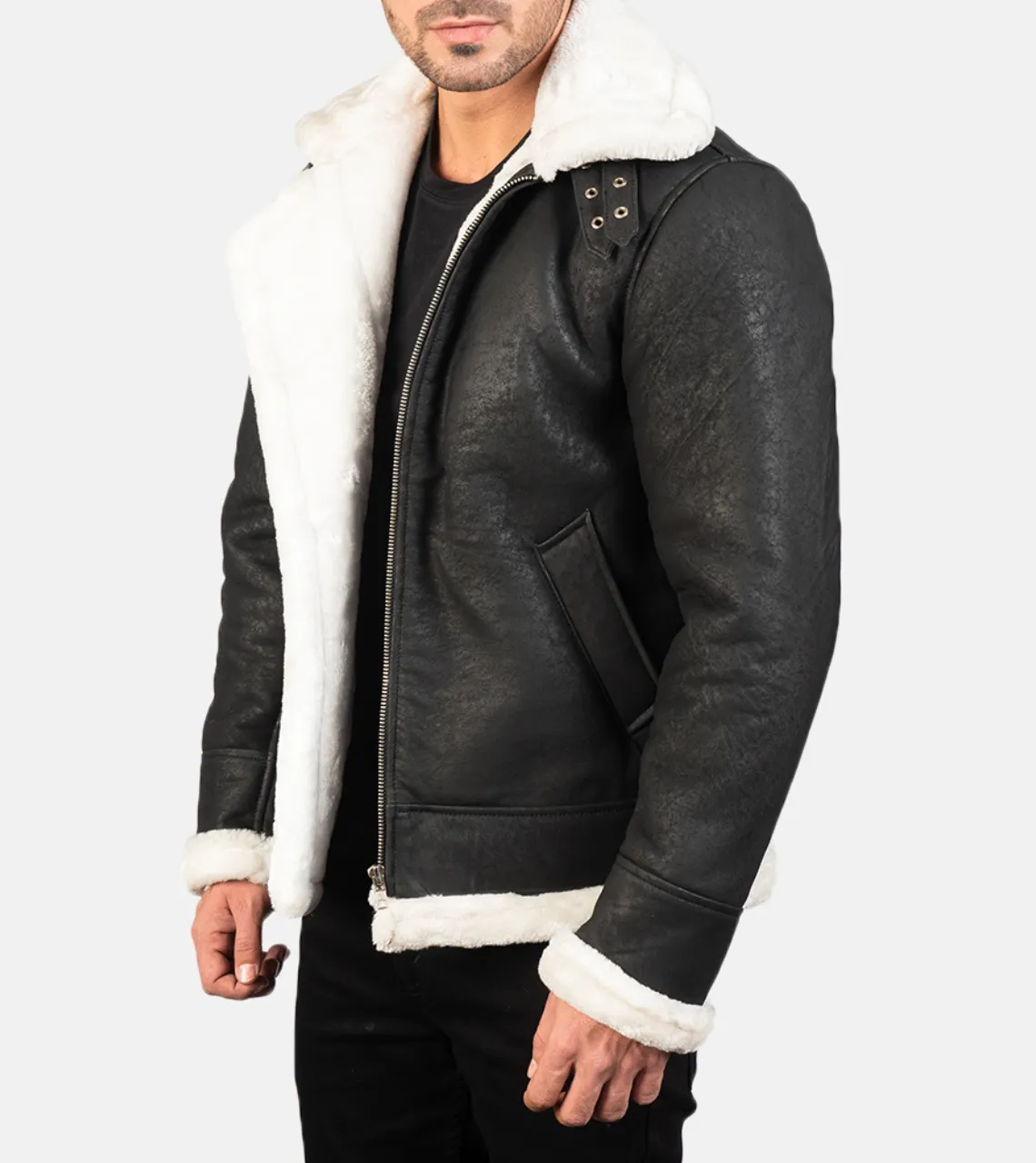 Pyramidal White Shearling Men's Leather Bomber Jacket