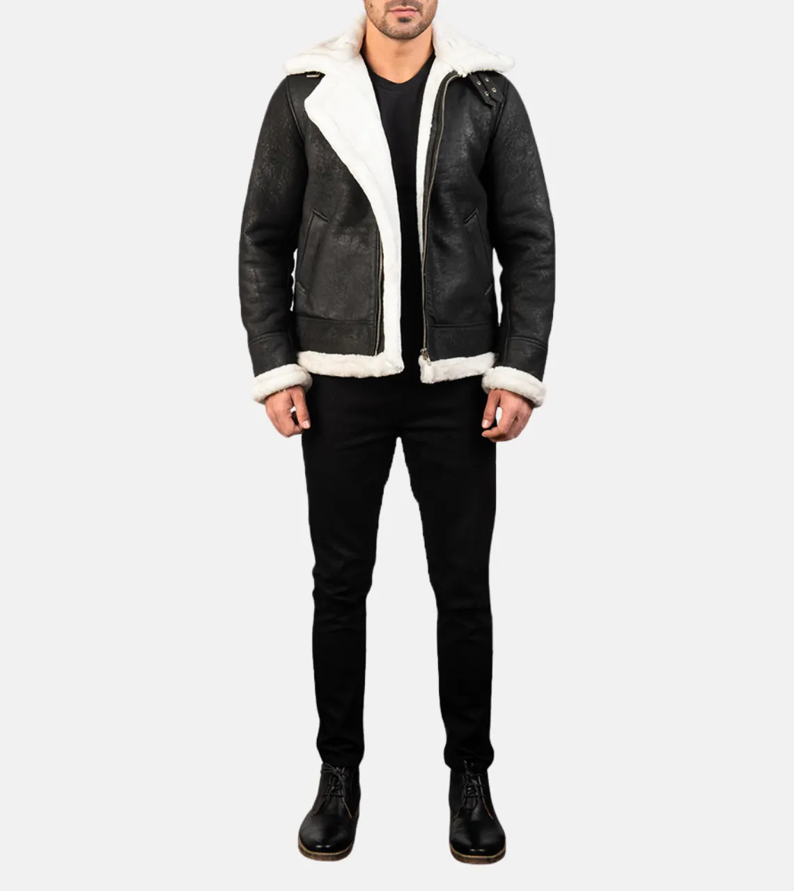 Pyramidal White Shearling Men's Leather Bomber Jacket