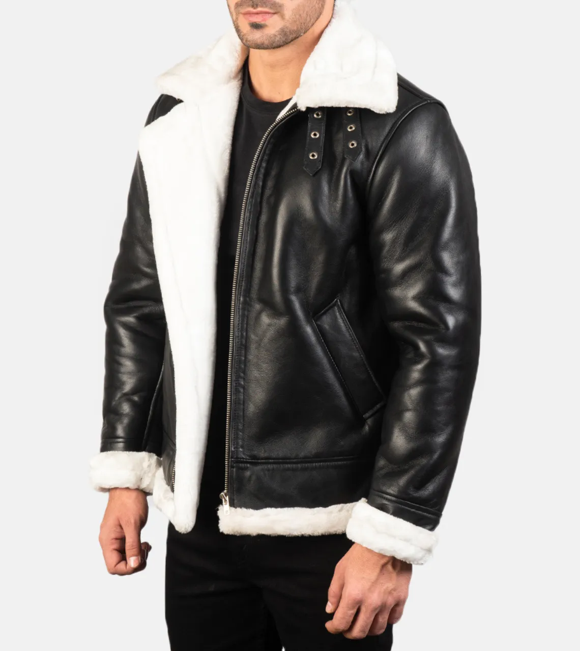 Pyramidal White Shearling Men's Leather Bomber Jacket