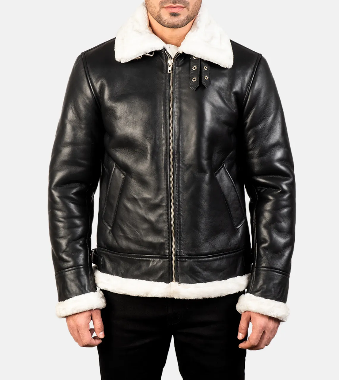 Pyramidal White Shearling Men's Leather Bomber Jacket