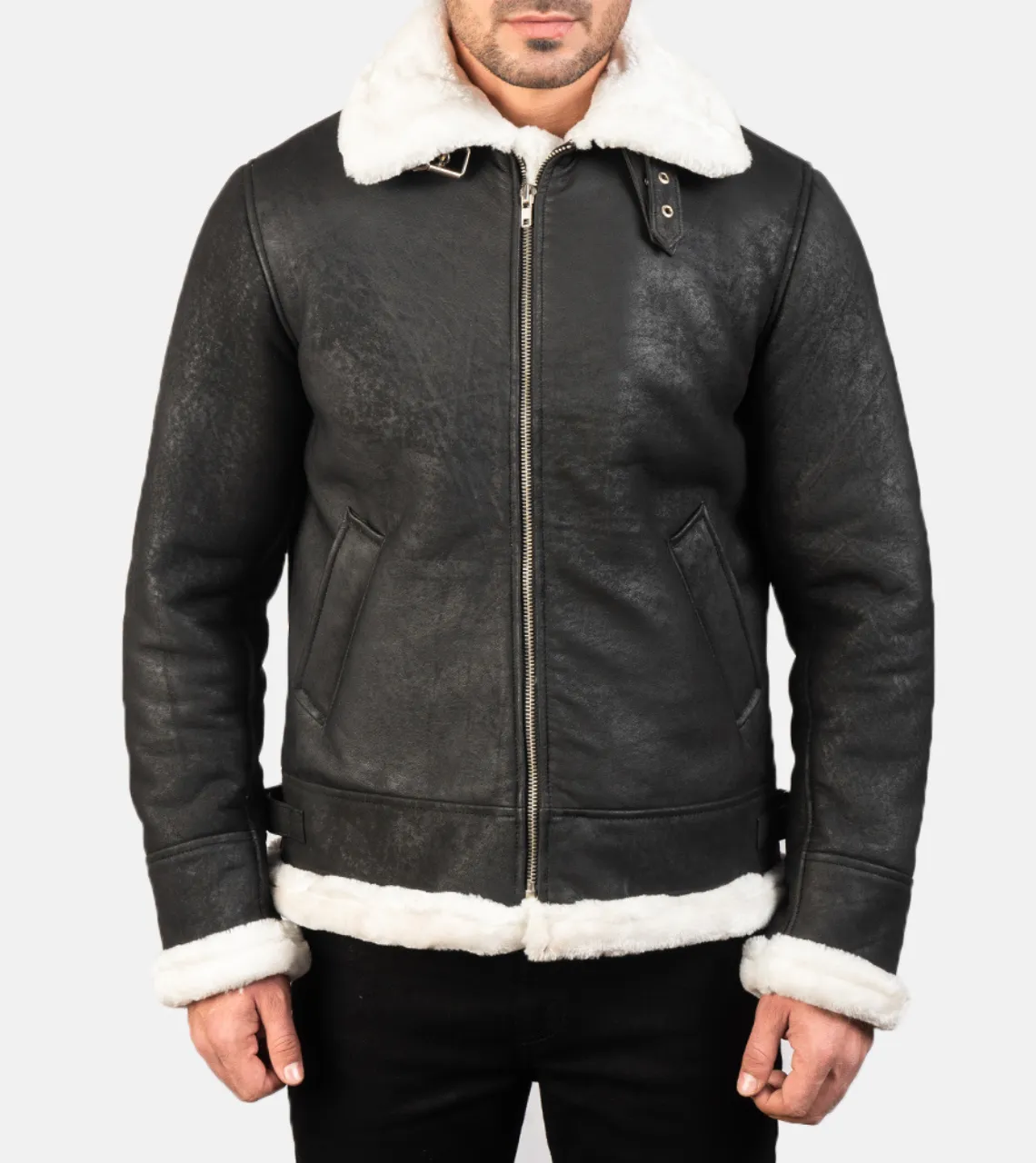 Pyramidal White Shearling Men's Leather Bomber Jacket