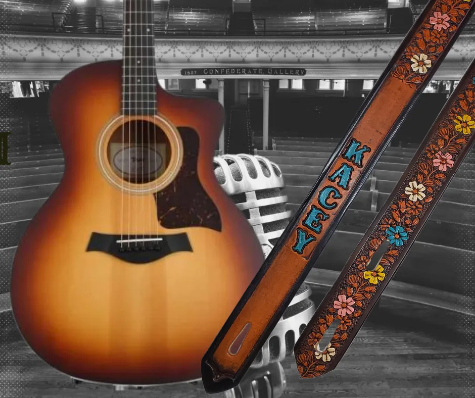 "Butterflies and Flowers" Painted Leather Guitar Strap