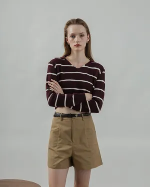 Striped Collar Long Sleeve Top (Maroon Stripes)