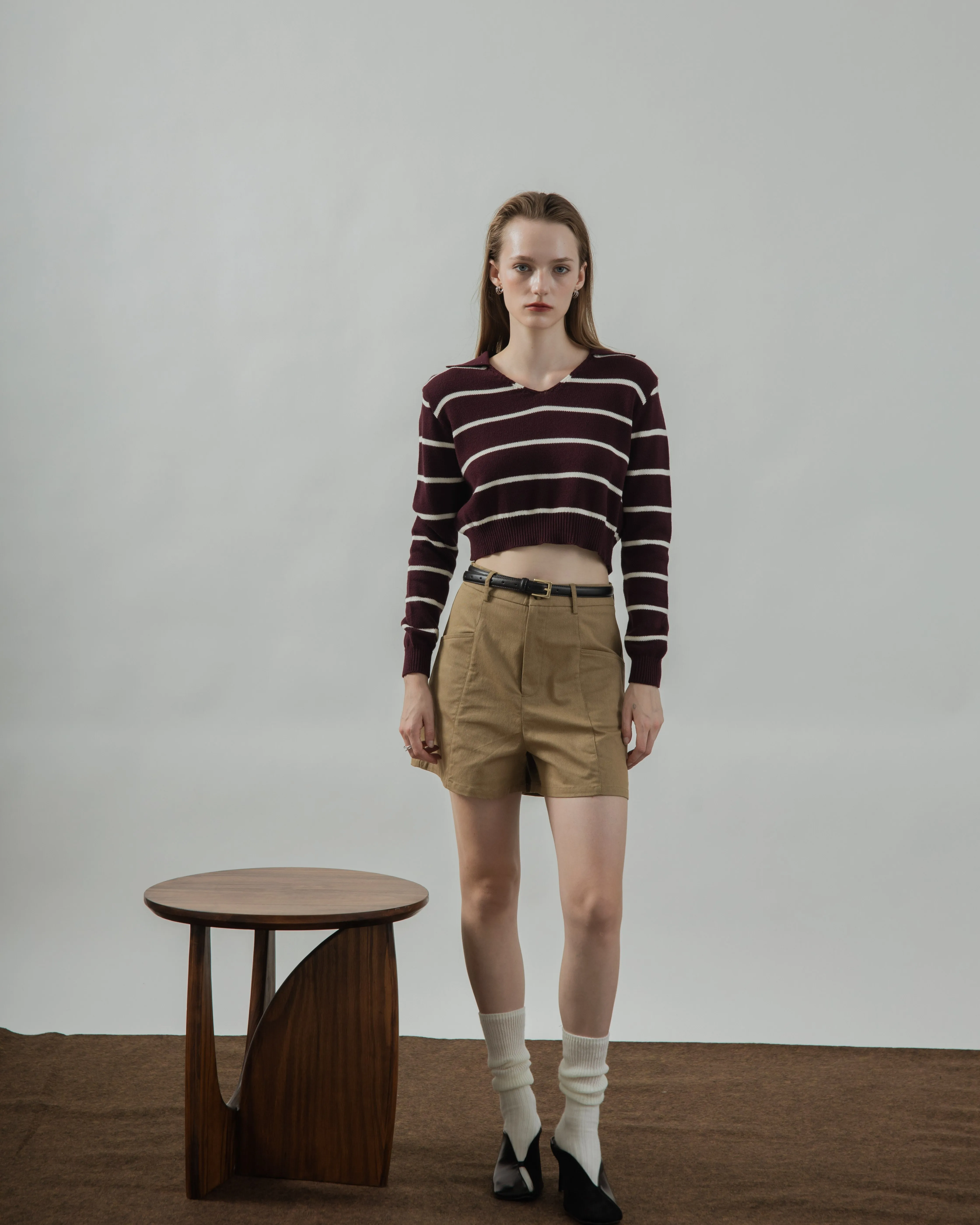 Striped Collar Long Sleeve Top (Maroon Stripes)