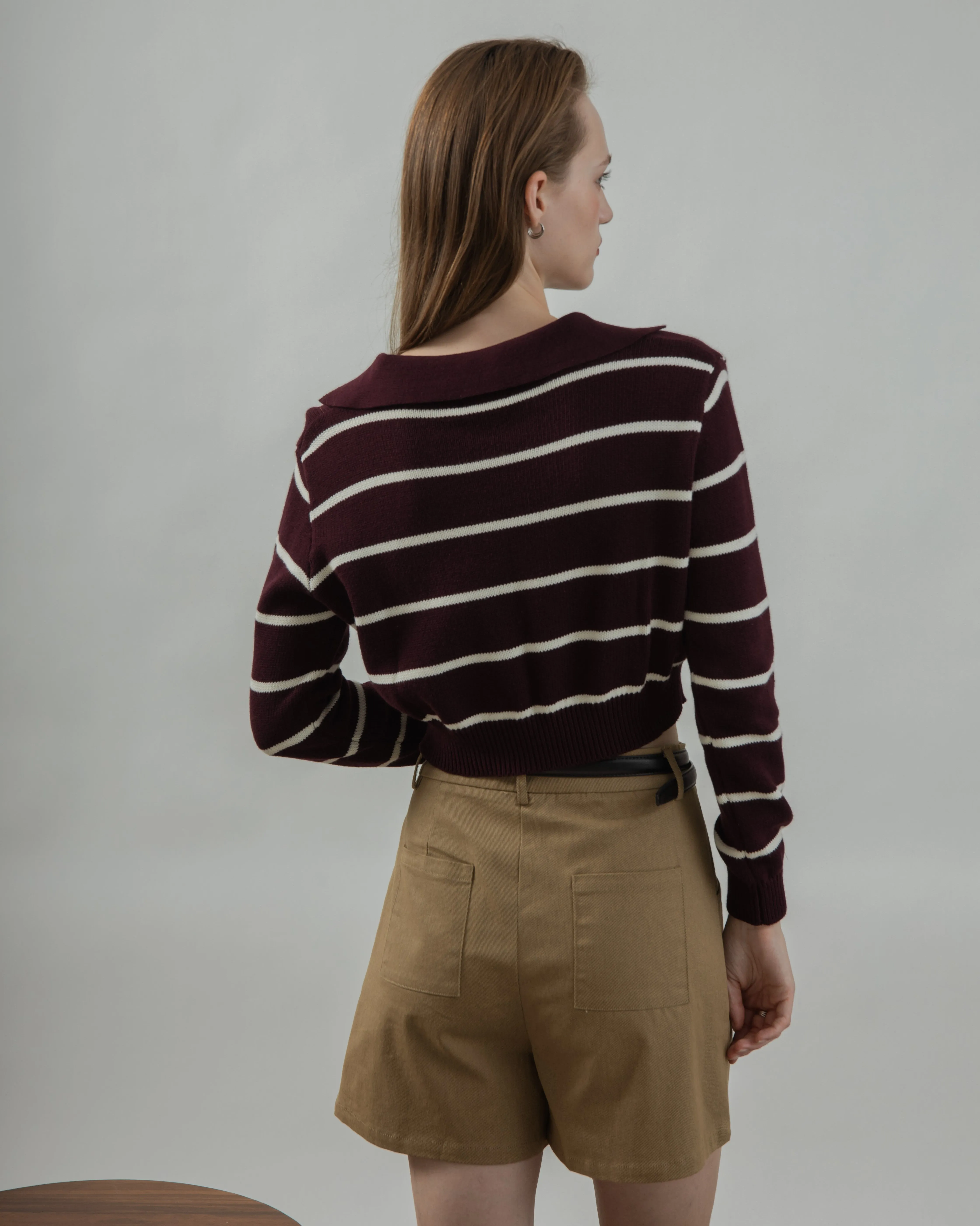 Striped Collar Long Sleeve Top (Maroon Stripes)