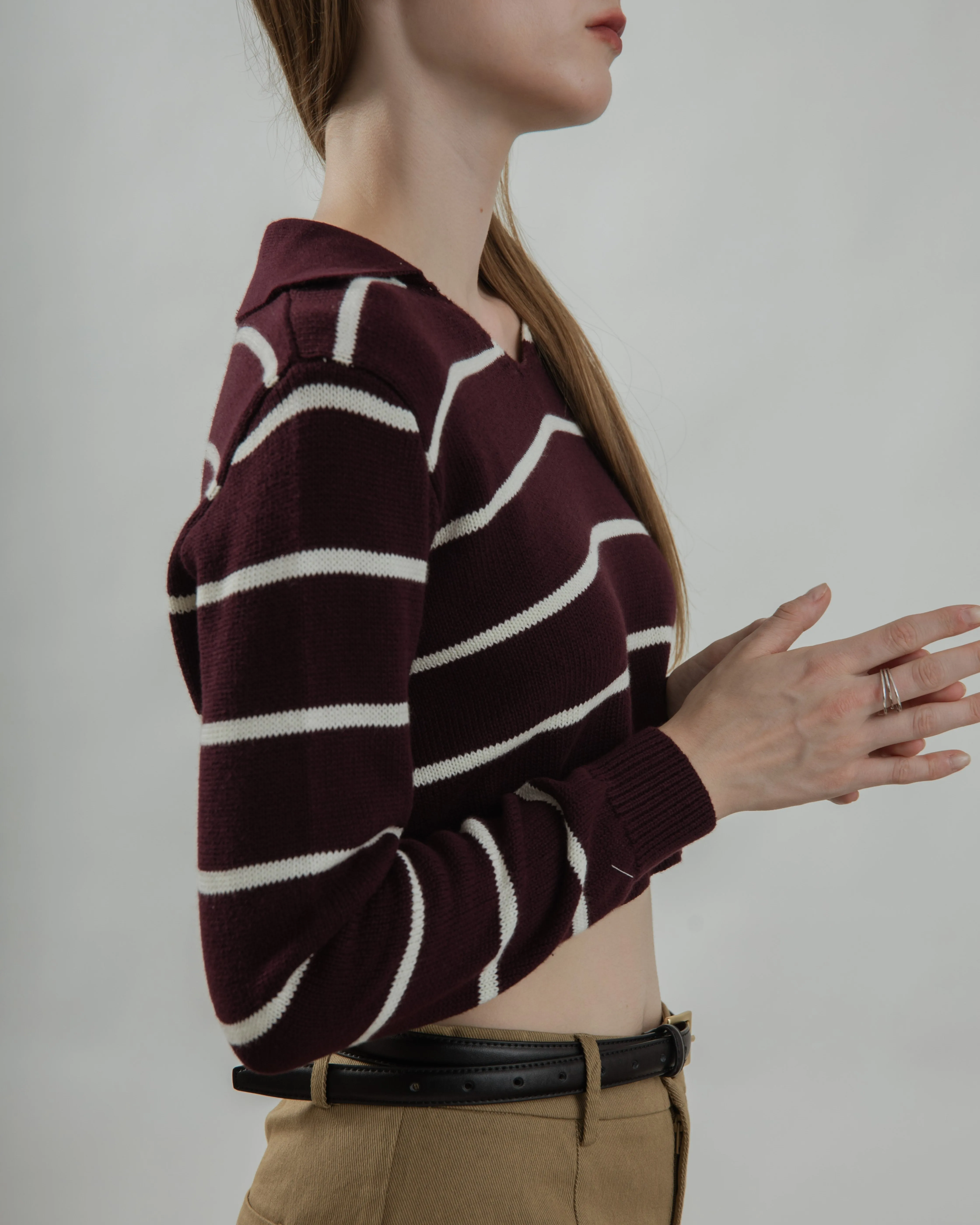 Striped Collar Long Sleeve Top (Maroon Stripes)