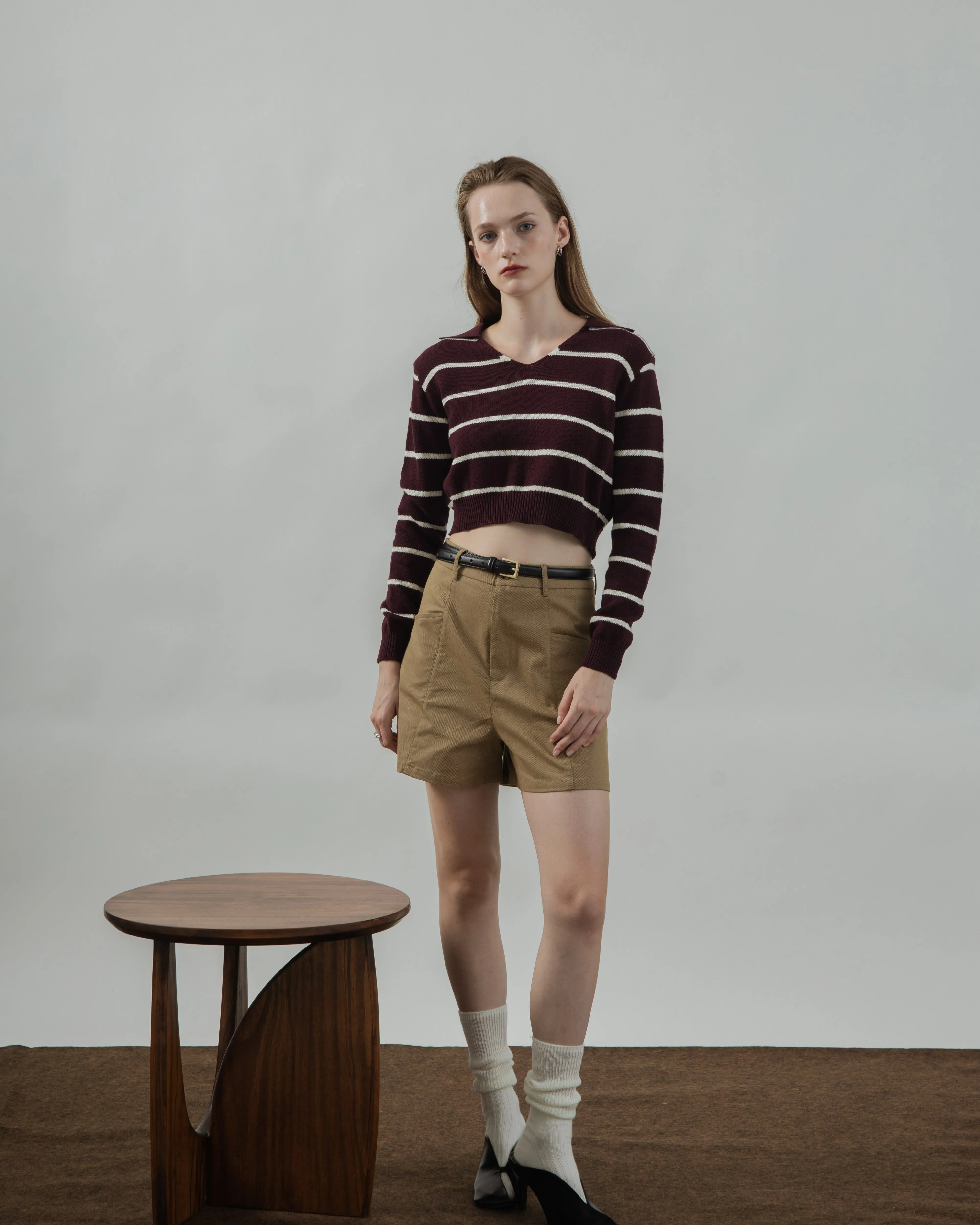 Striped Collar Long Sleeve Top (Maroon Stripes)