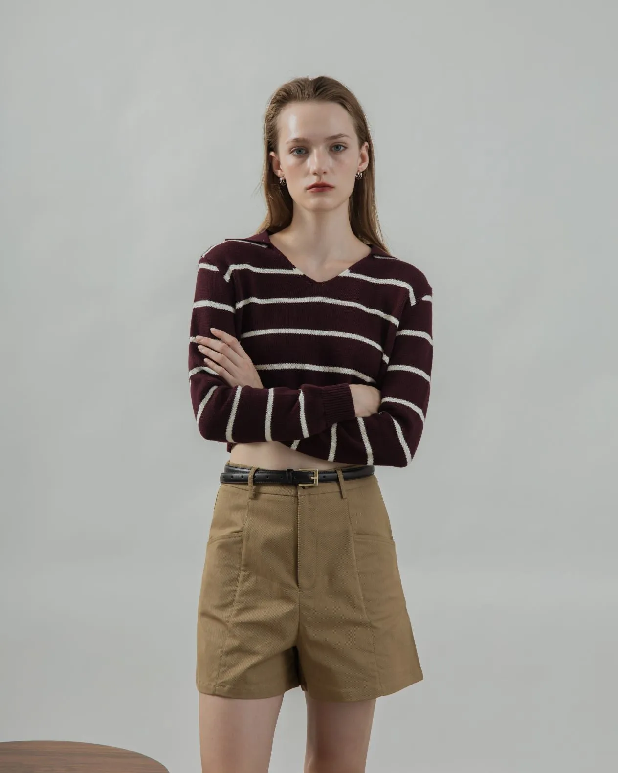 Striped Collar Long Sleeve Top (Maroon Stripes)