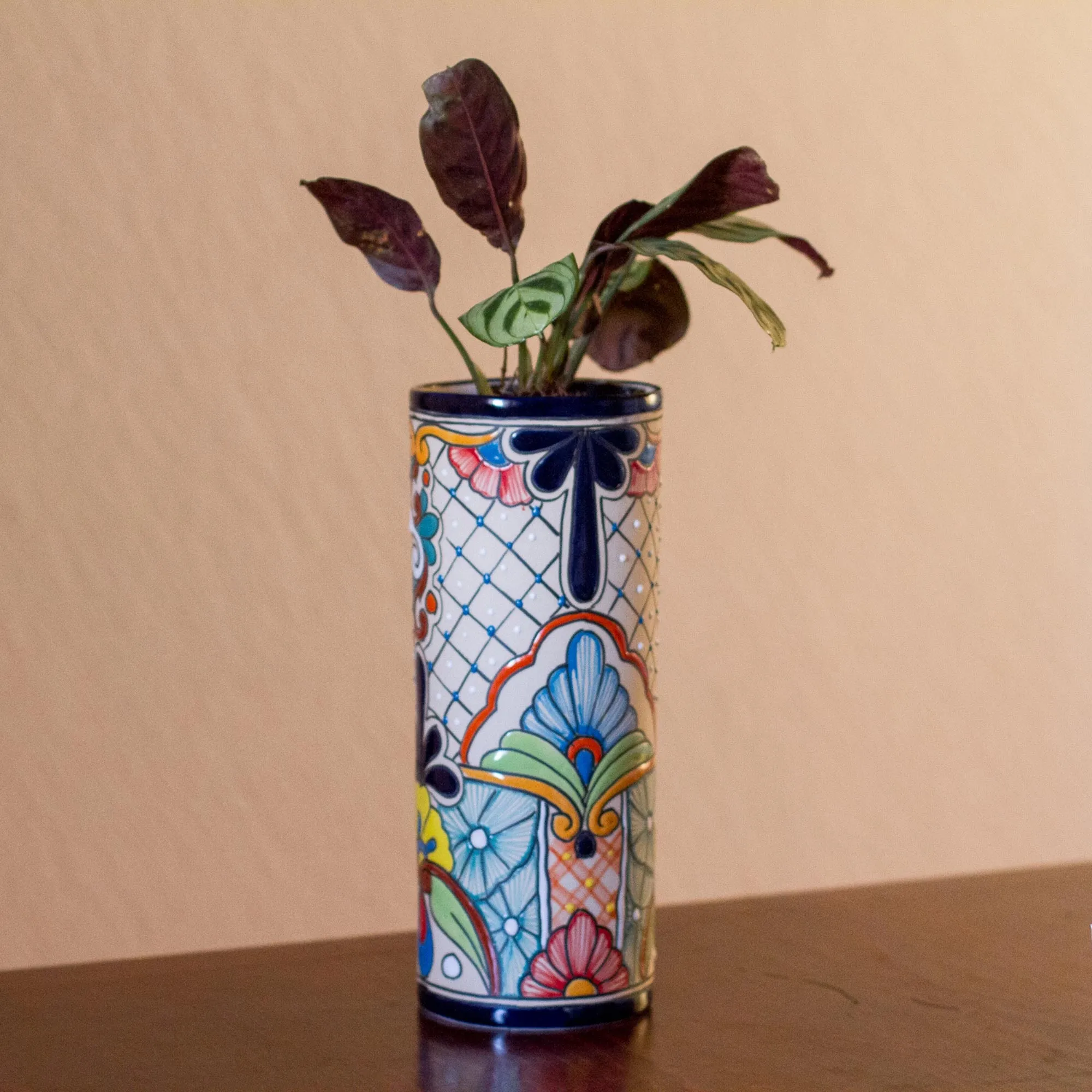Talavera Style Multicolor Floral Trellis Motif Ceramic Vase - Garden Breeze | NOVICA