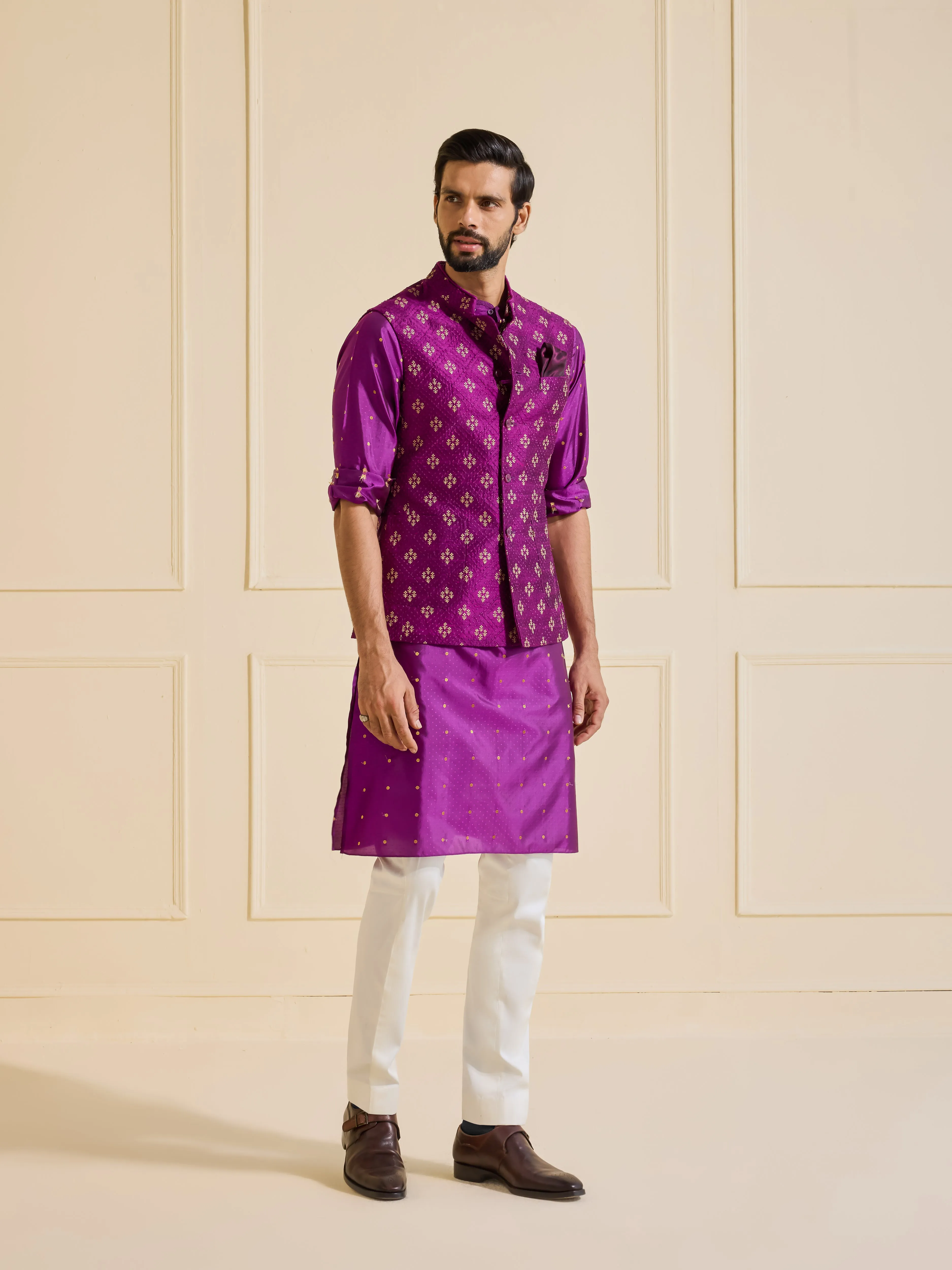 THE MAJESTIC GOLDEN PATTERNED PURPLE WAISTCOAT