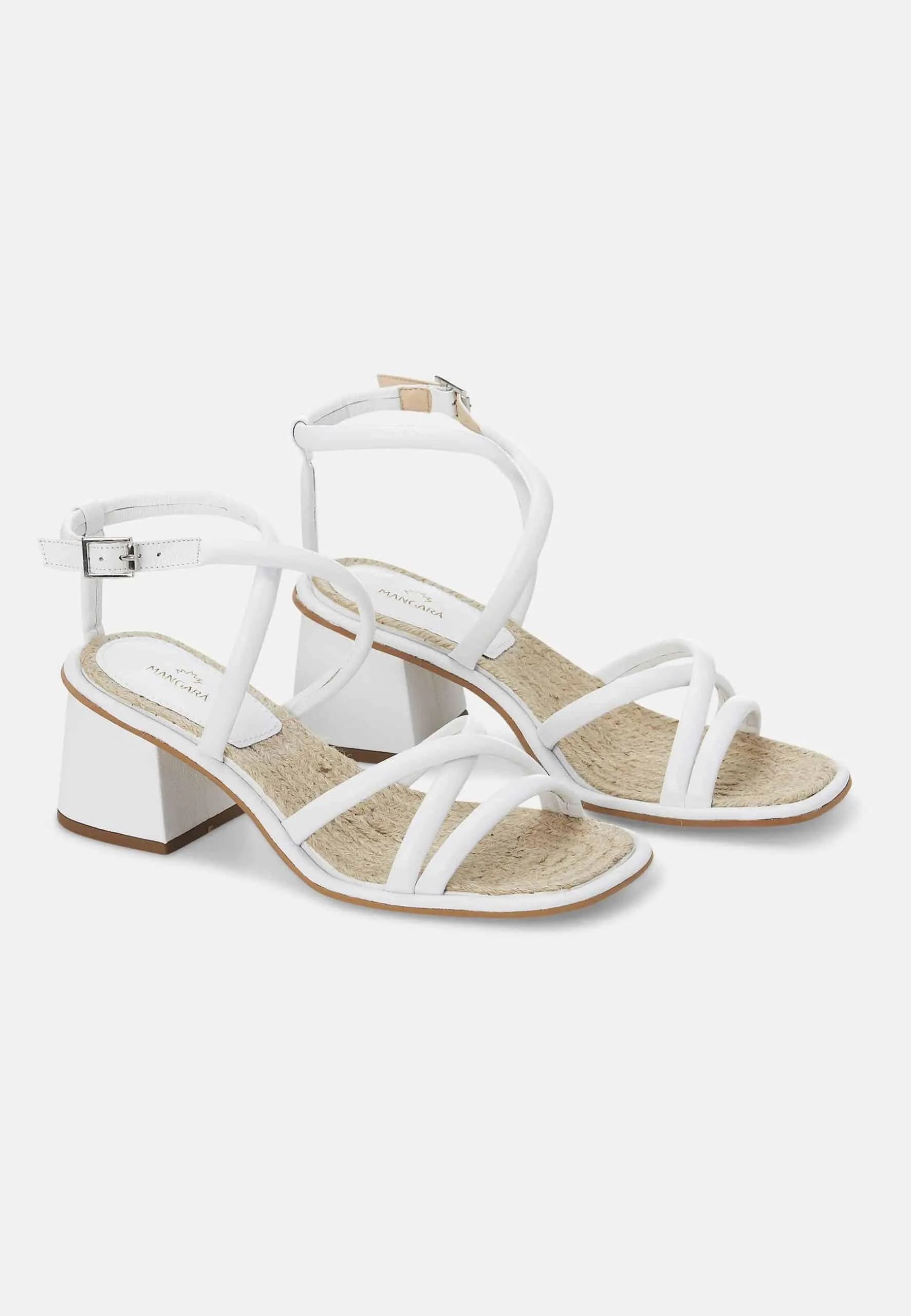 Women's White Leather Block Heel Sandal